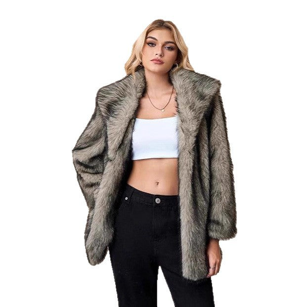 Damen Kurzer Faux‑Fur‑Mantel mit weitem Schalkragen, offener Front und Eingrifftaschen Echo Archiv
