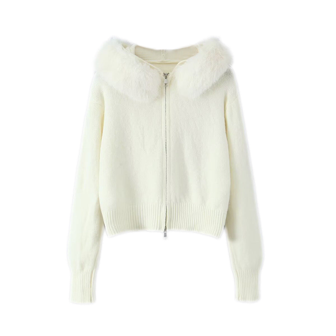 Damen Kurzgeschnittene Strickjacke mit Reißverschluss und abnehmbarem Kunstfellkragen Echoarchiv