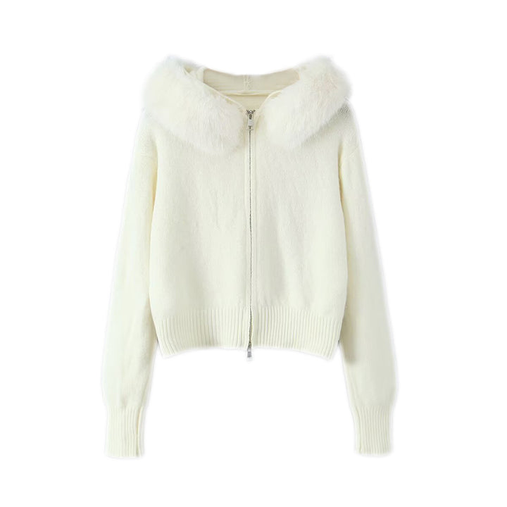 Damen Kurzgeschnittene Strickjacke mit Reißverschluss und abnehmbarem Kunstfellkragen Echoarchiv