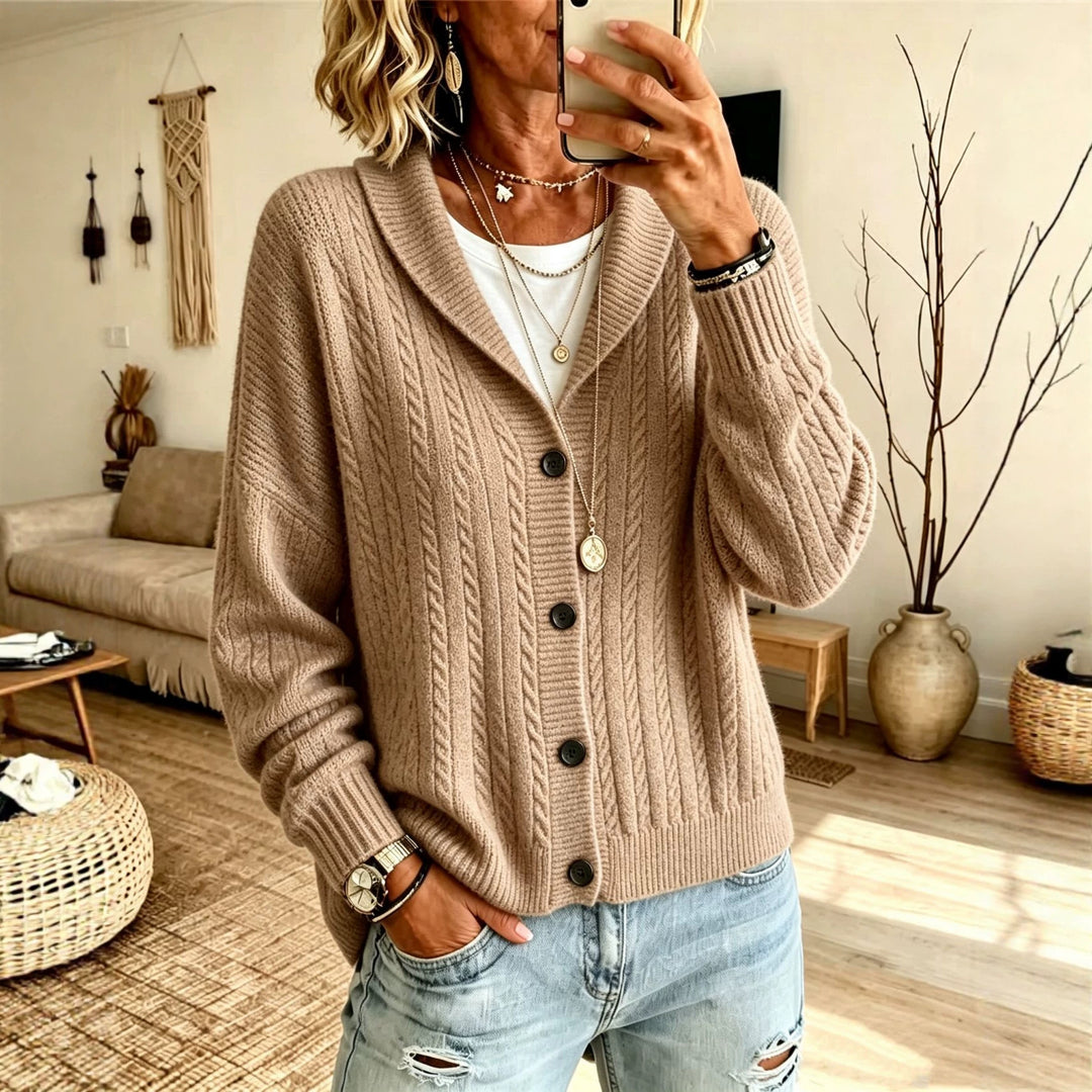 Damen Langer Schalkragen-Cardigan aus Zopfmuster mit gerippten Bündchen – Veloura