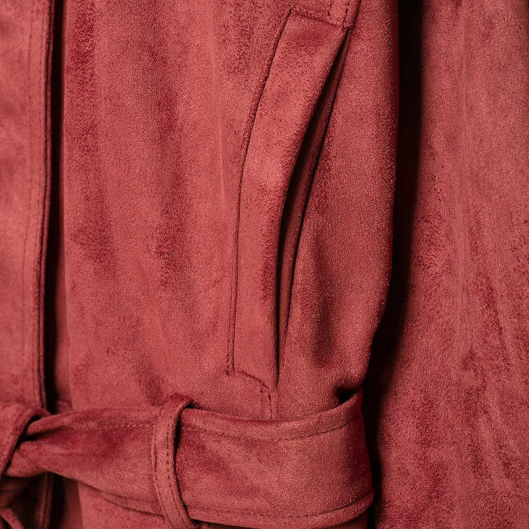 Damen Kimonoinspirierte Veloursjacke mit Bindegürtel und hohem Stehkragen Echoarchiv