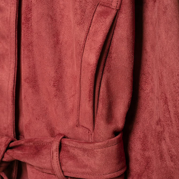 Damen Kimonoinspirierte Veloursjacke mit Bindegürtel und hohem Stehkragen Echoarchiv