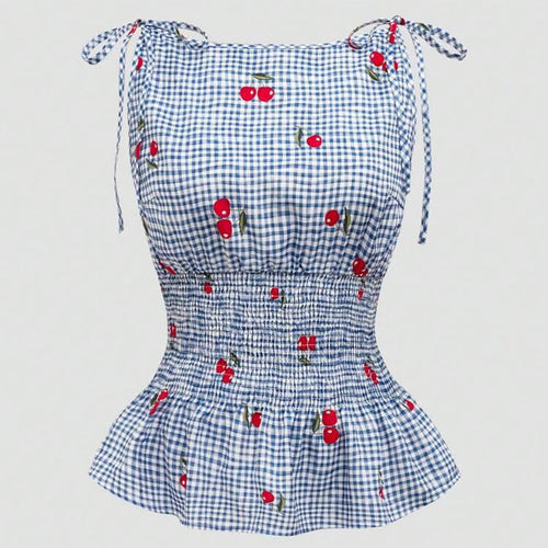 Damen Bluse mit floralem Karo-Muster und Rüschensaum Echo Archiv