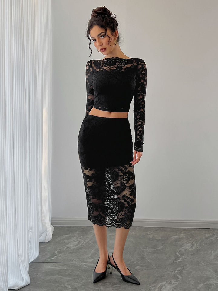 Damen nan zweiteiliges Spitzenensemble mit bauchfreiem Langarmoberteil und tailliertem Midirock Echo Archiv