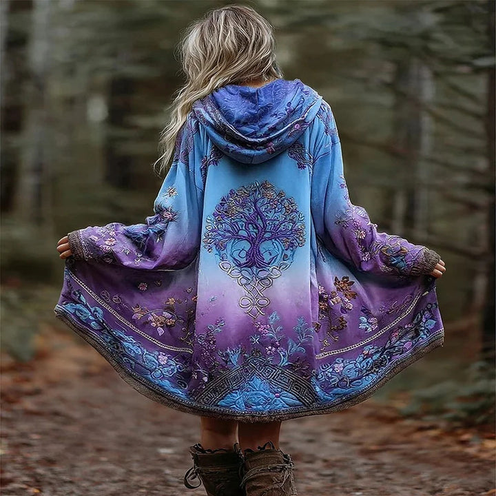 Damen Boho Kapuzenmantel im Schwung-Schnitt mit Baum-Motiv und Farbverlauf – Montévia