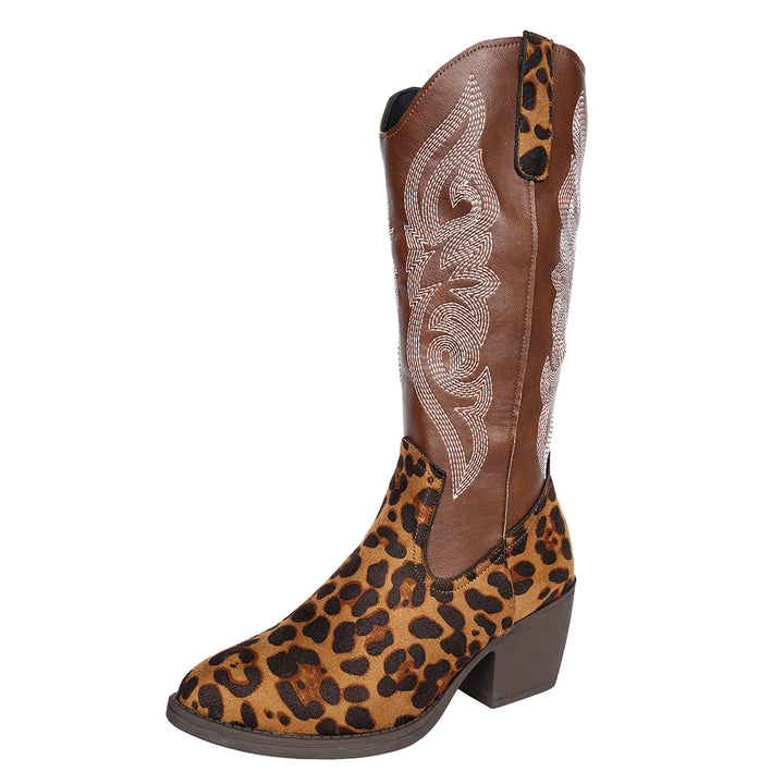 Damen Cowboystiefel im Western‑Look mit Leopardenmuster, besticktem Schaft und konischem Blockabsatz Echo Archiv