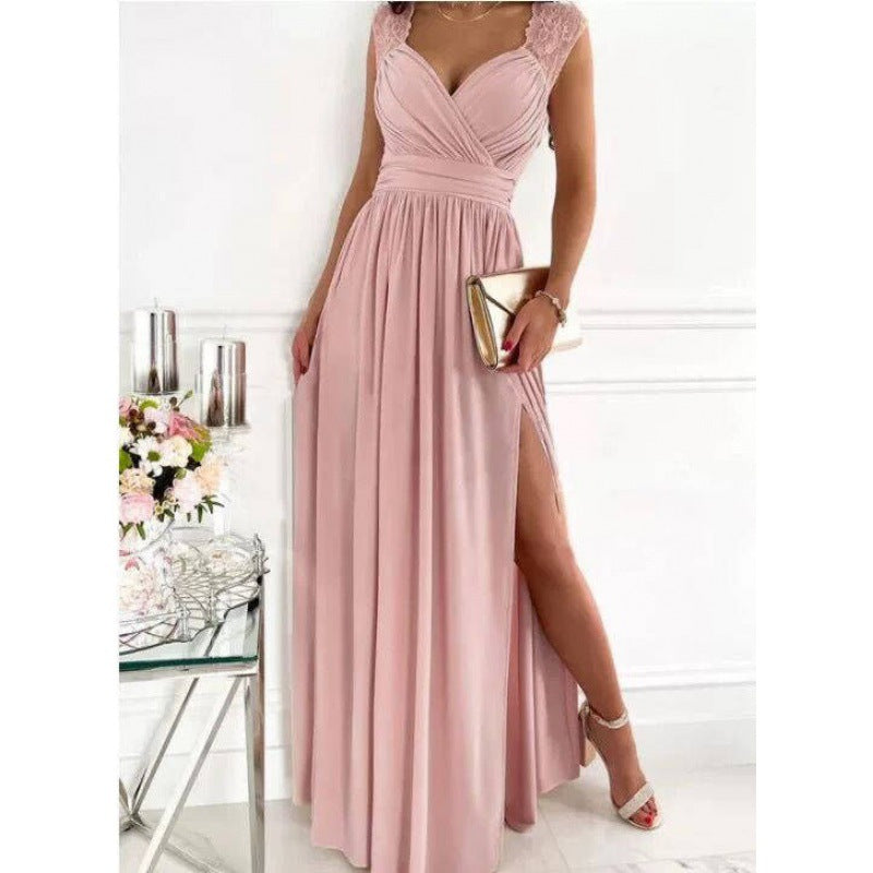 Damen Maxikleid mit Raffiniertem V-Ausschnitt und Hohem Schlitz Echoarchiv