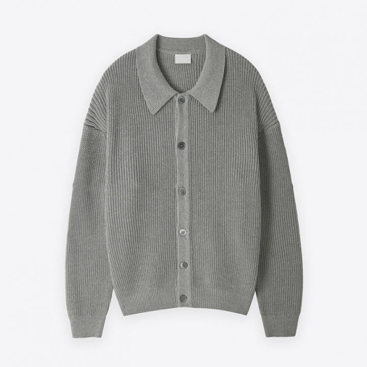 Unisex Grobgerippte Strickjacke mit Hemdkragen und durchgehender Knopfleiste Echoarchiv