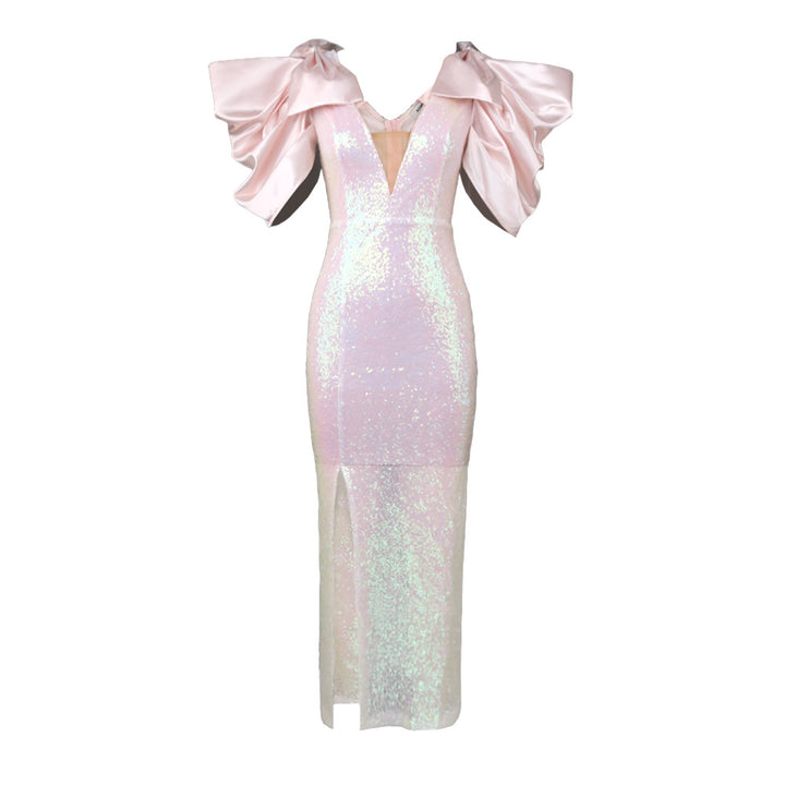Damen Figurbetontes Glamour-Kleid mit schimmerndem Stoff und voluminösen Ärmeln Echo Archiv
