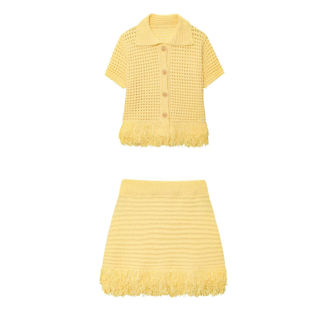 Damen Kurzarm-Strickjacke mit fransigem Saum und dekorativen Knöpfen – Veloura
