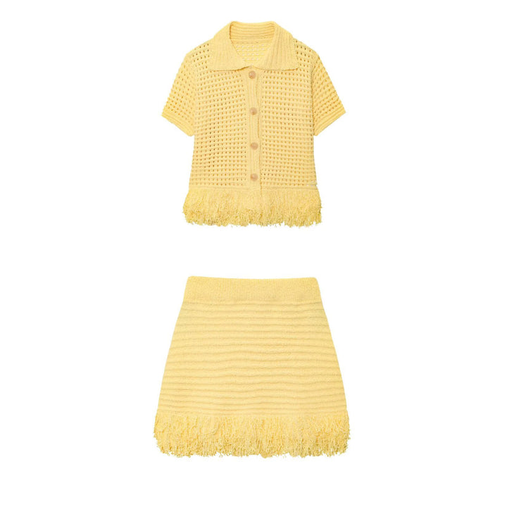 Damen Kurzarm-Strickjacke mit fransigem Saum und dekorativen Knöpfen Echo Archiv