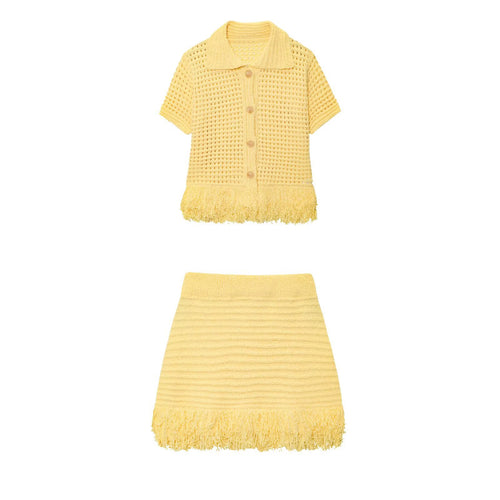 Damen Kurzarm-Strickjacke mit fransigem Saum und dekorativen Knöpfen Echo Archiv