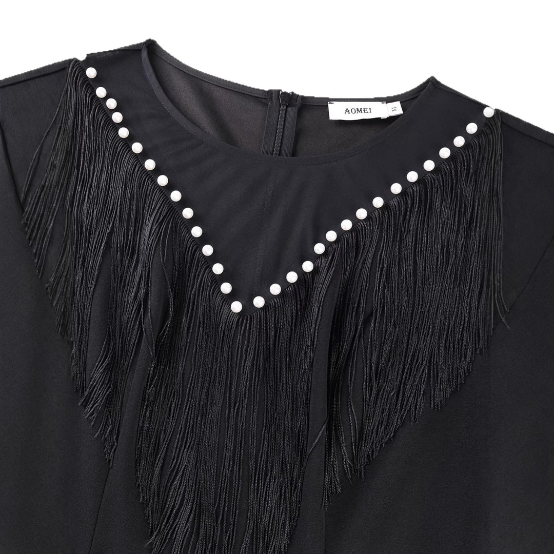 Damen Fransenkleid mit transparenten Ärmeln und Perlenakzenten Echo Archiv