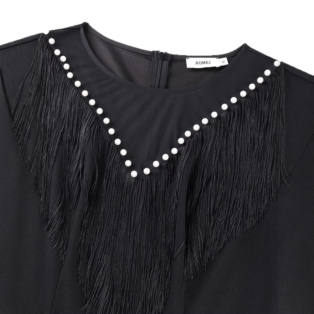 Damen Fransenkleid mit transparenten Ärmeln und Perlenakzenten – Élara