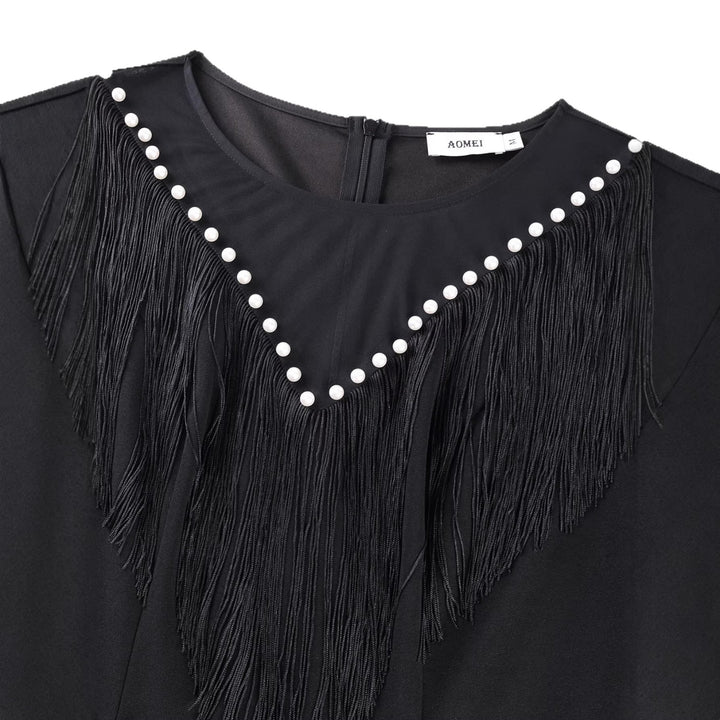 Damen Fransenkleid mit transparenten Ärmeln und Perlenakzenten Echo Archiv