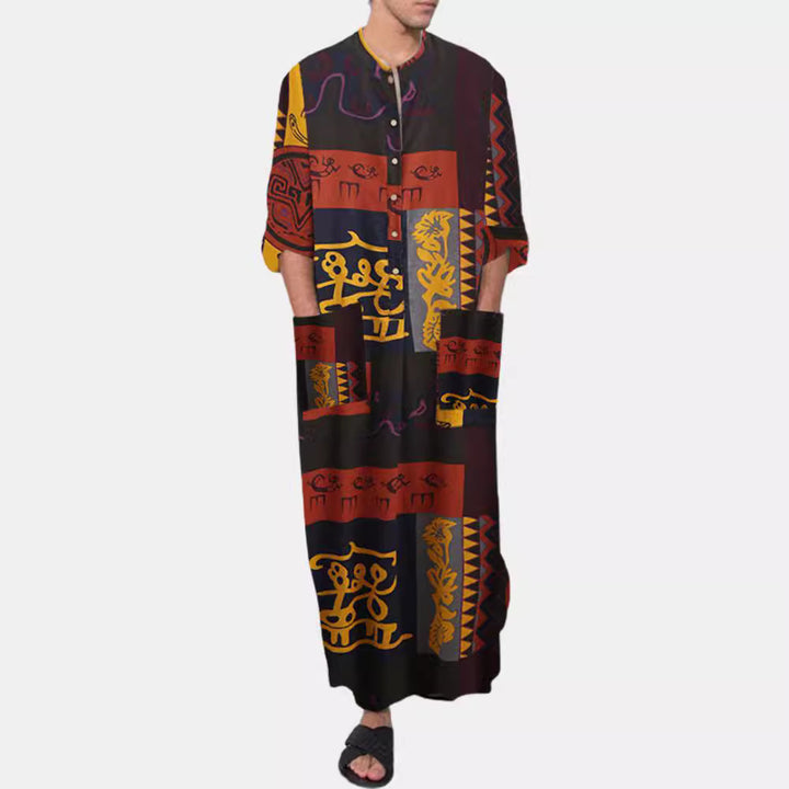 Damen nan Ethno-Maxikleid mit Stehkragen, kurzer Knopfleiste, überschnittenen Ärmeln und A-Linien-Schnitt Echo Archiv