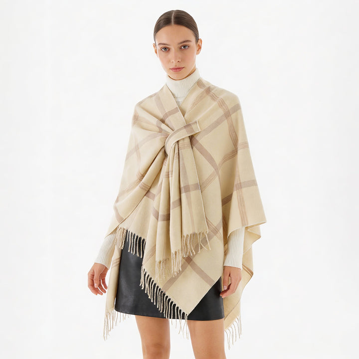 Damen Oversize-Capeponcho aus Wollmix mit Bindegürtel, Fransen und großem Karomuster Echo Archiv