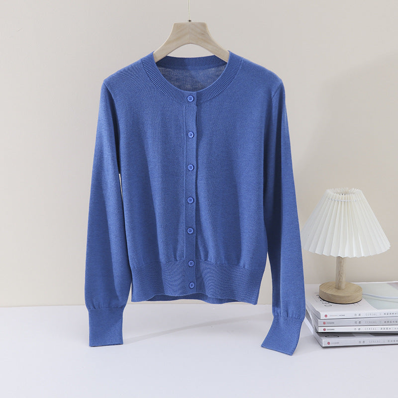 Damen Feiner Rundhals-Feinstrick-Cardigan mit schmaler Silhouette & verlängerten Bündchen Echo Archiv