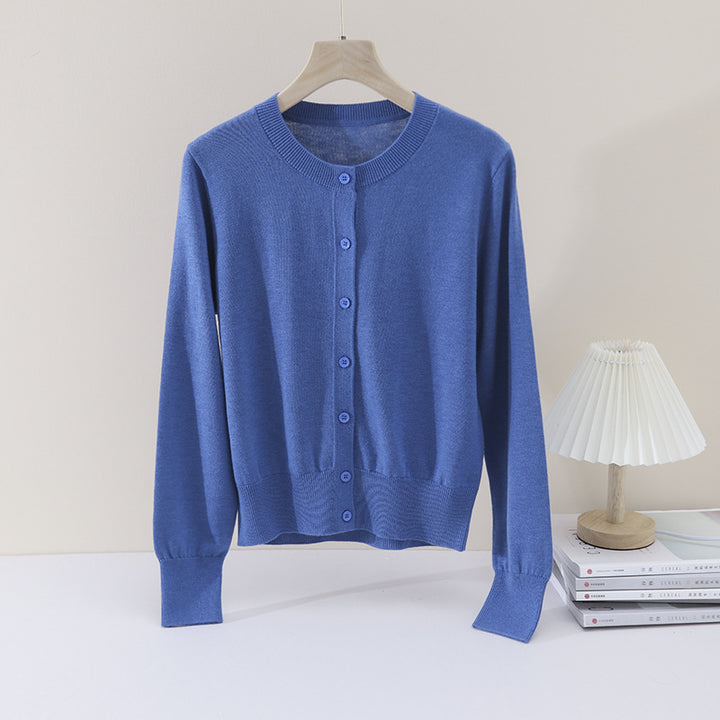 Damen Feiner Rundhals-Feinstrick-Cardigan mit schmaler Silhouette & verlängerten Bündchen Echo Archiv