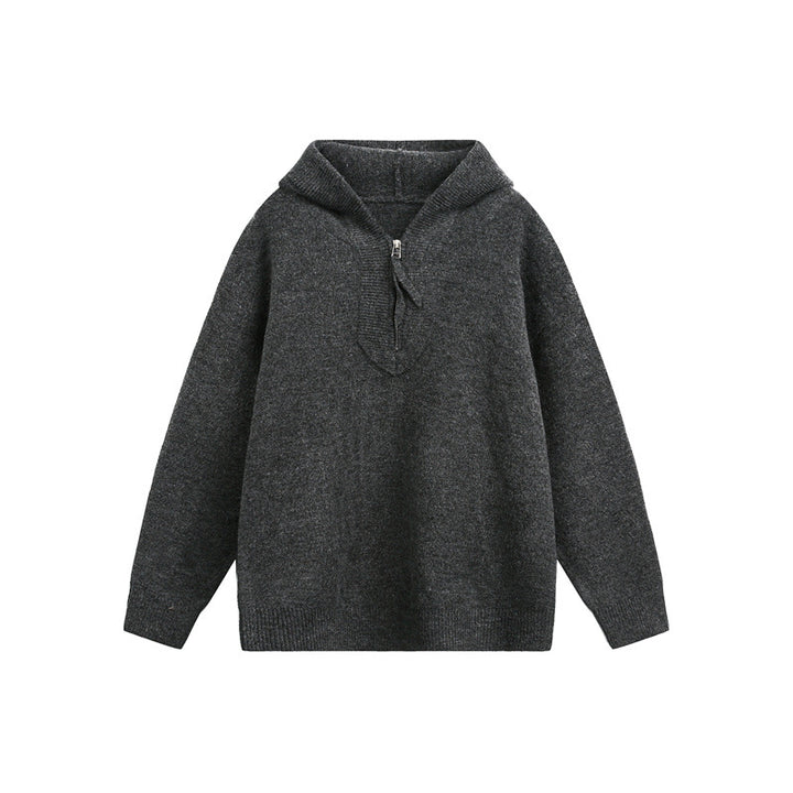 Unisex Grobgestrickter Kapuzenpullover mit halbem Reißverschluss und Boxy‑Schnitt Echoarchiv