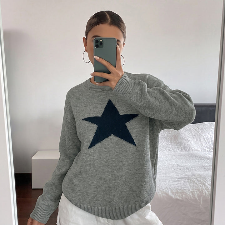 Damen Relaxed-Strickpullover mit Stern-Intarsie, Rundhalsausschnitt & lässigem Sitz Echoarchiv