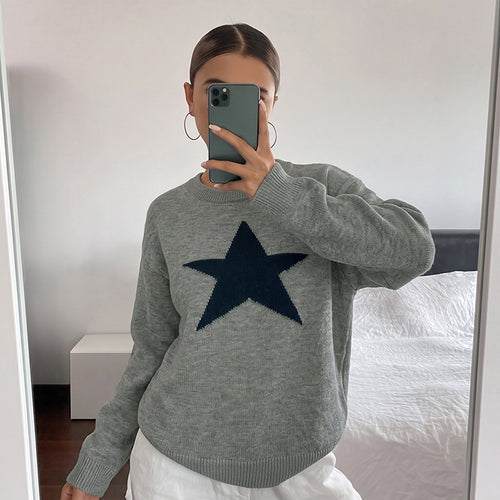 Damen Relaxed-Strickpullover mit Stern-Intarsie, Rundhalsausschnitt & lässigem Sitz Echoarchiv