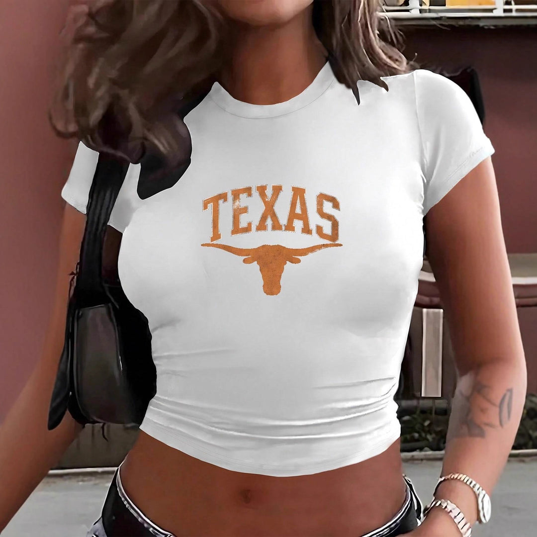 Damen Crop-T-Shirt mit kreativem Texas-Design und figurbetontem Schnitt Echo Archiv