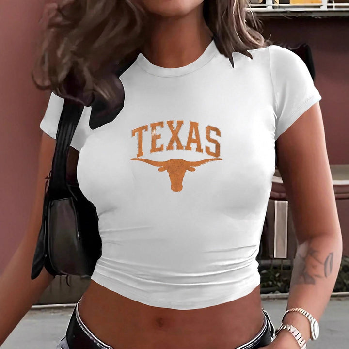 Damen Crop-T-Shirt mit kreativem Texas-Design und figurbetontem Schnitt Echo Archiv
