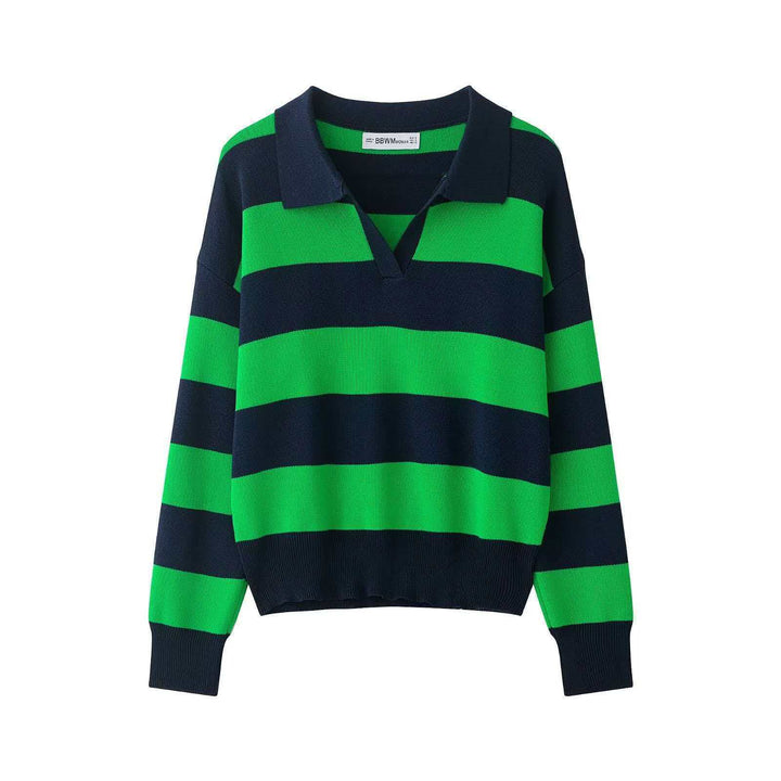 Damen nan gestreifter Rugby-Pullover mit Polokragen, V‑Ausschnitt und verlängerten Rippbündchen Echo Archiv