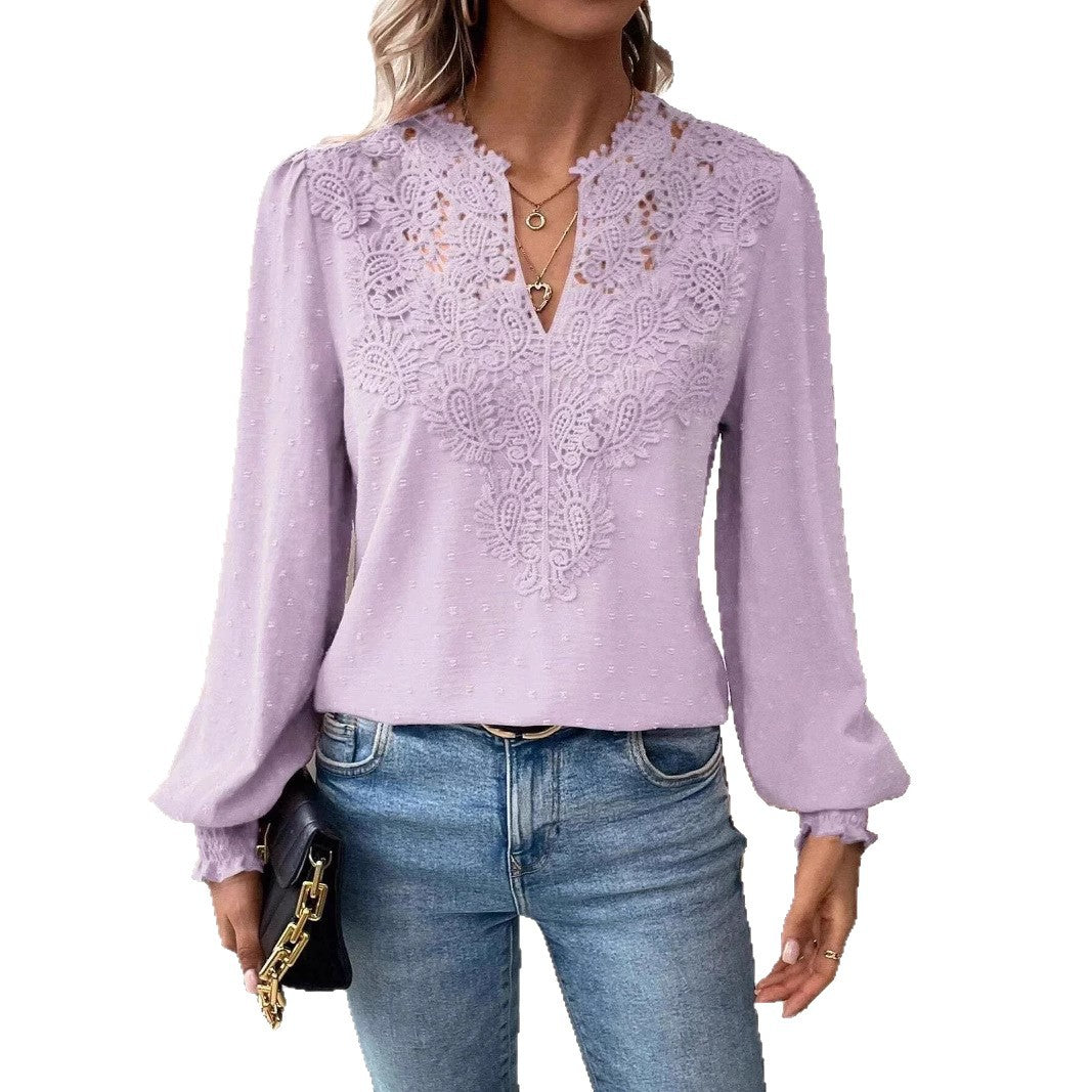 Damen nan Spitzenapplikation V-Ausschnitt Bluse mit Strukturpunkt, gerafften Manschetten und leicht taillierter Silhouette Echo Archiv