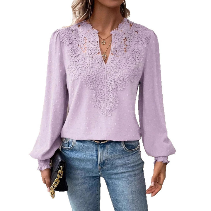 Damen nan Spitzenapplikation V-Ausschnitt Bluse mit Strukturpunkt, gerafften Manschetten und leicht taillierter Silhouette Echo Archiv
