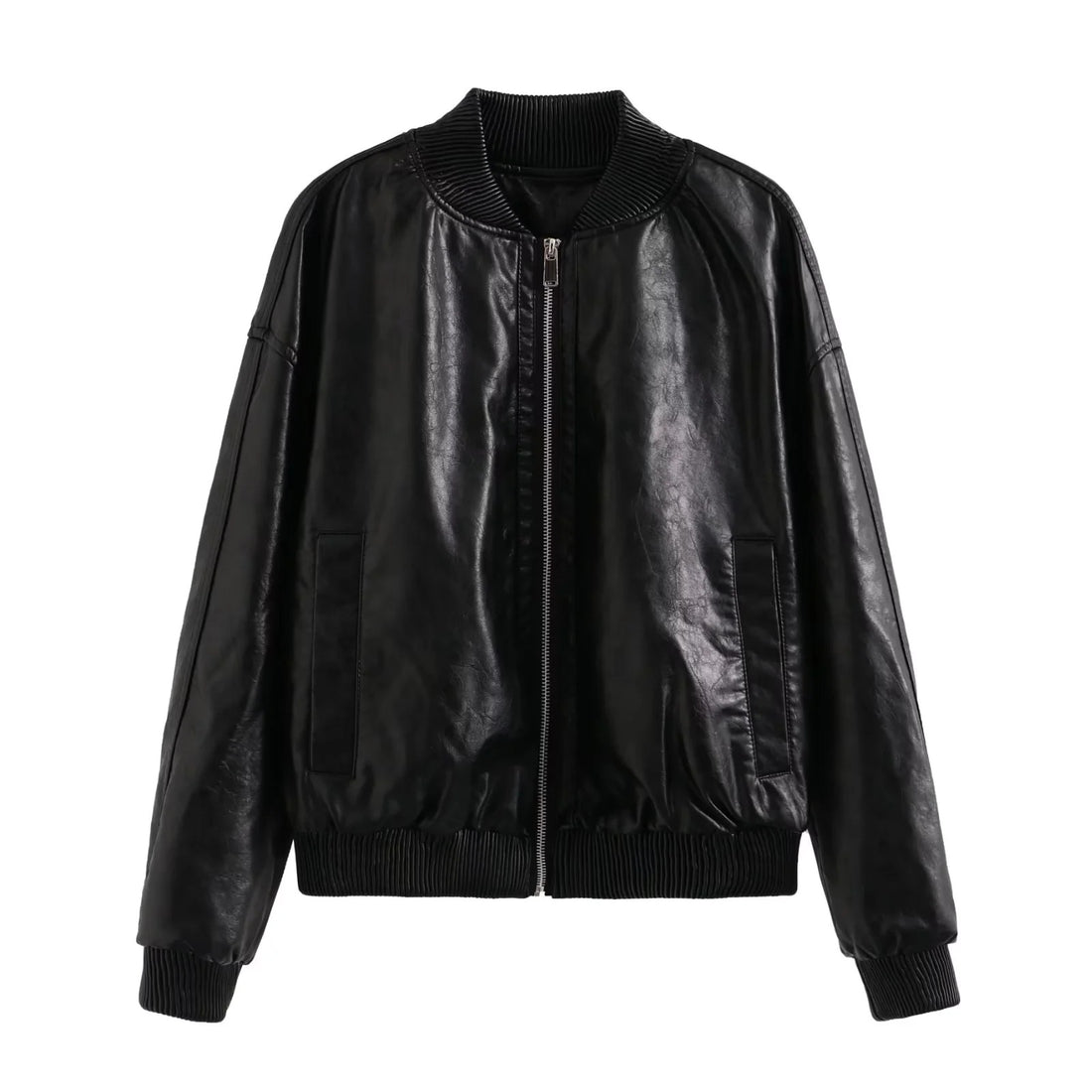 Damen oversized Bomberjacke in Lederoptik mit geripptem Stehkragen und Taillenbündchen – Avenza