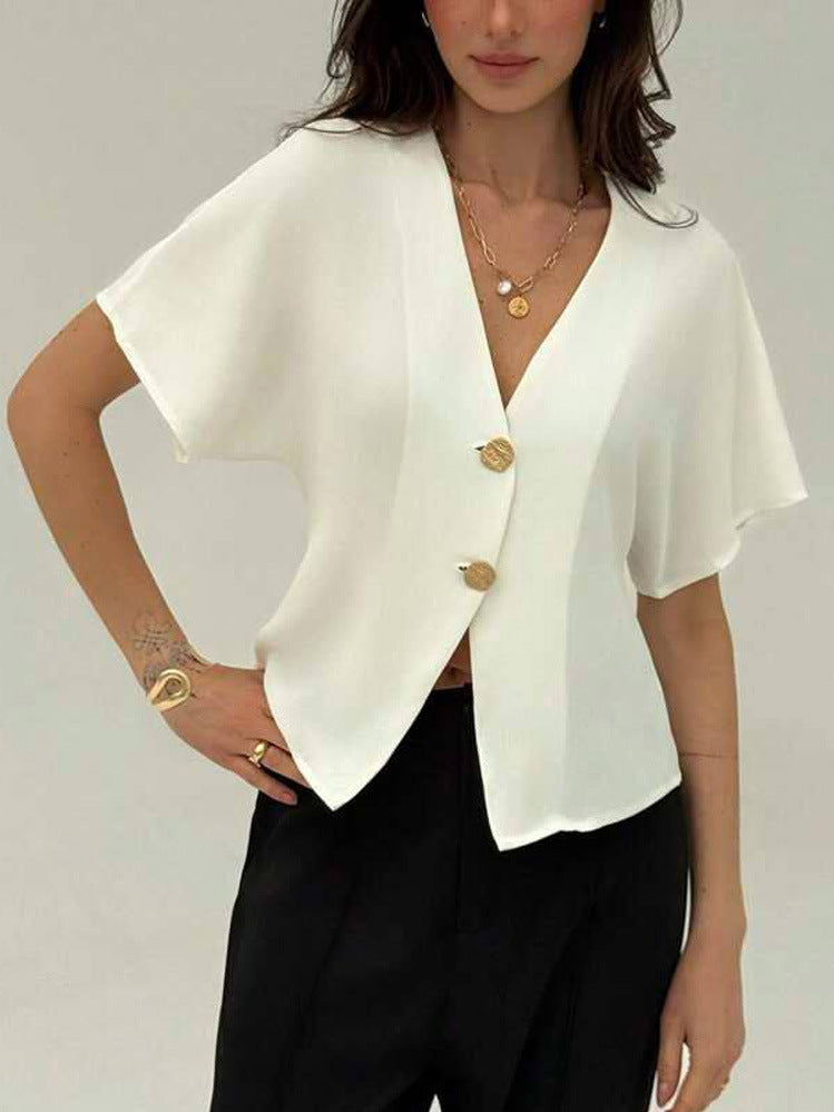 Damen Elegante V-Ausschnitt Bluse mit kurzen Kimonosärmeln und asymmetrischem Saum – Avérine