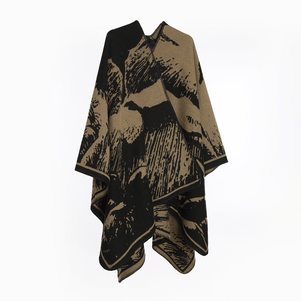Damen Oversize‑Jacquard‑Cape mit abstraktem Naturmotiv und Kettelkante – Montévia