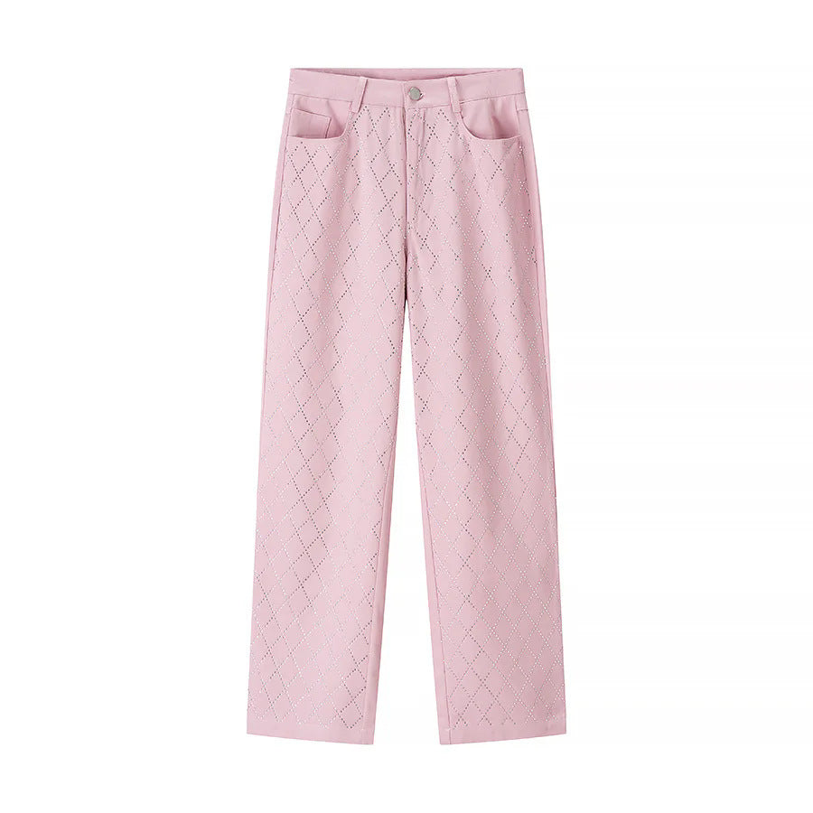 Damen nan hochtaillierte Straight‑Leg Hose mit Diamant‑Perforation und Eingrifftaschen Echo Archiv