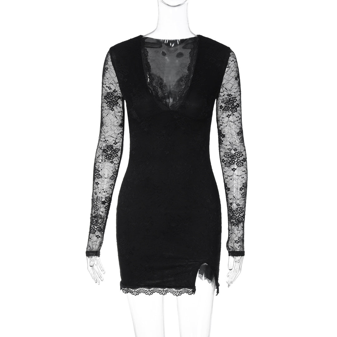 Damen Elegantes Spitzenkleid mit tiefem V-Ausschnitt und langen Ärmeln Echo Archiv