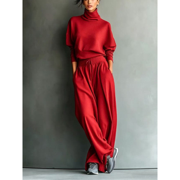 Damen Strick-Loungewear-Set mit Rollkragen und weiten Palazzo-Hosen – Élanora