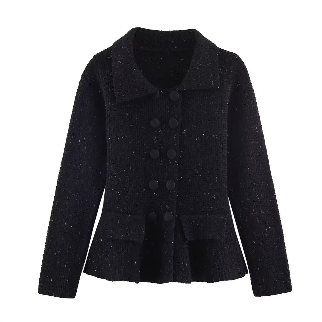 Damen Strukturierte Strickjacke mit Doppelreiher, taillenbetontem Peplum und Pattentaschen Echo Archiv