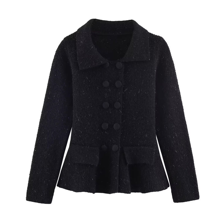 Damen Strukturierte Strickjacke mit Doppelreiher, taillenbetontem Peplum und Pattentaschen Echo Archiv