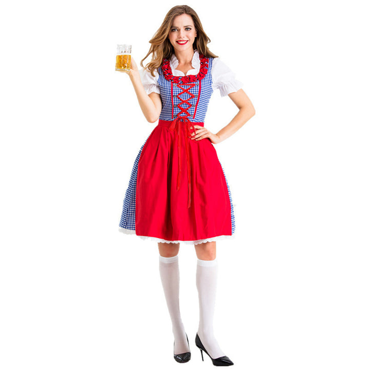 Damen nan Karo-Dirndl mit geschnürter Miederfront, Rüschenkragen und taillierter Schürze Echo Archiv