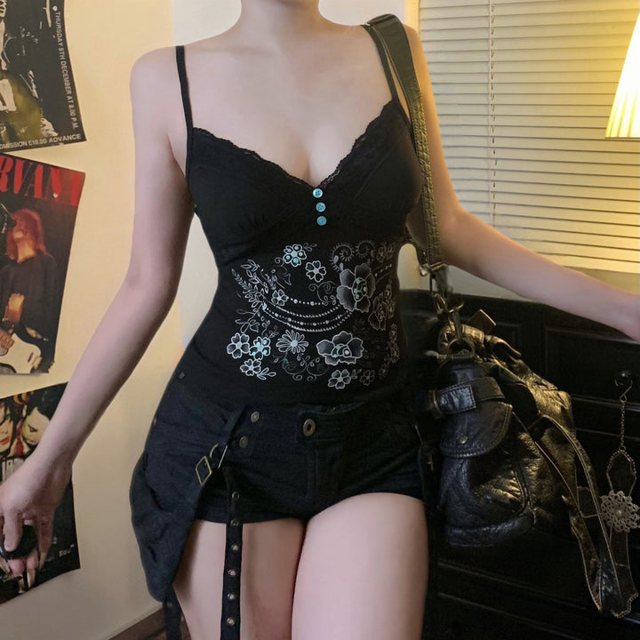Damen Spitzentop mit floralem Design und dekorativen Knöpfen Echo Archiv