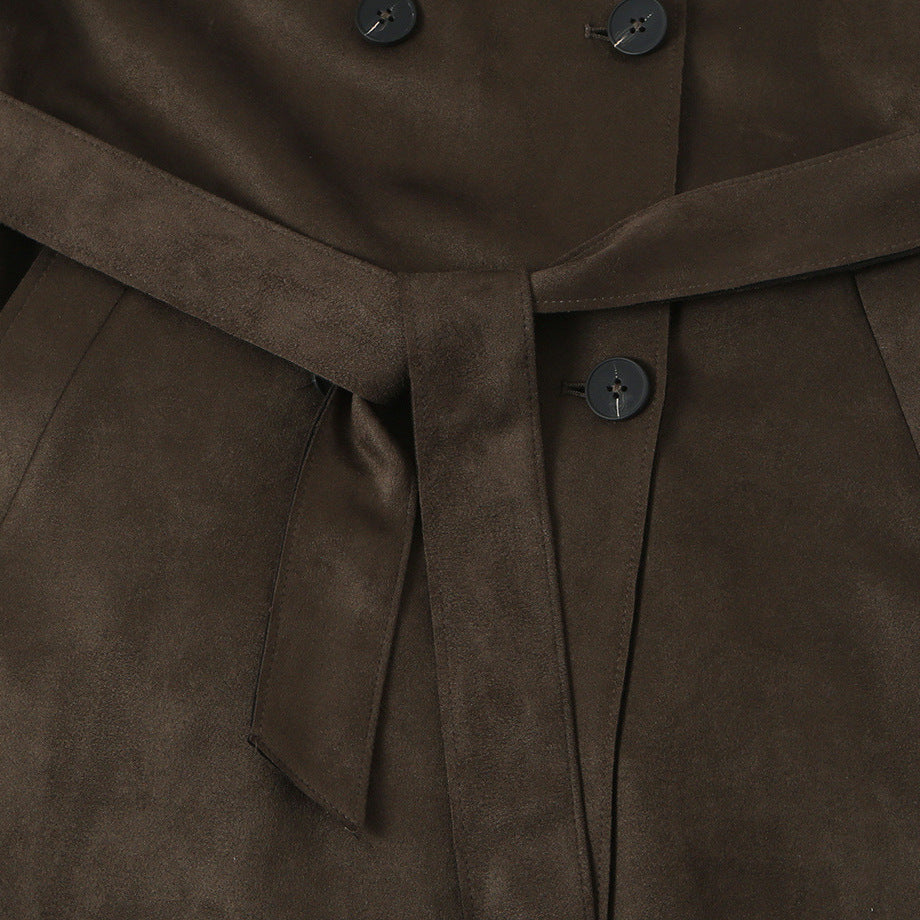 Damen Lang geschnittener Trenchcoat aus Velourslederoptik mit Bindegürtel Echoarchiv