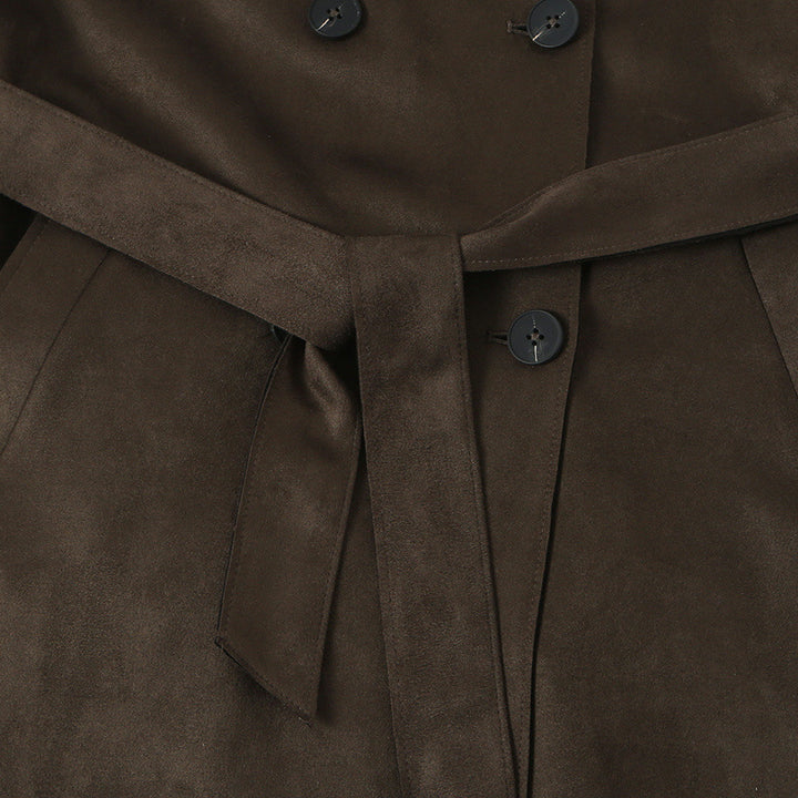 Damen Lang geschnittener Trenchcoat aus Velourslederoptik mit Bindegürtel Echoarchiv