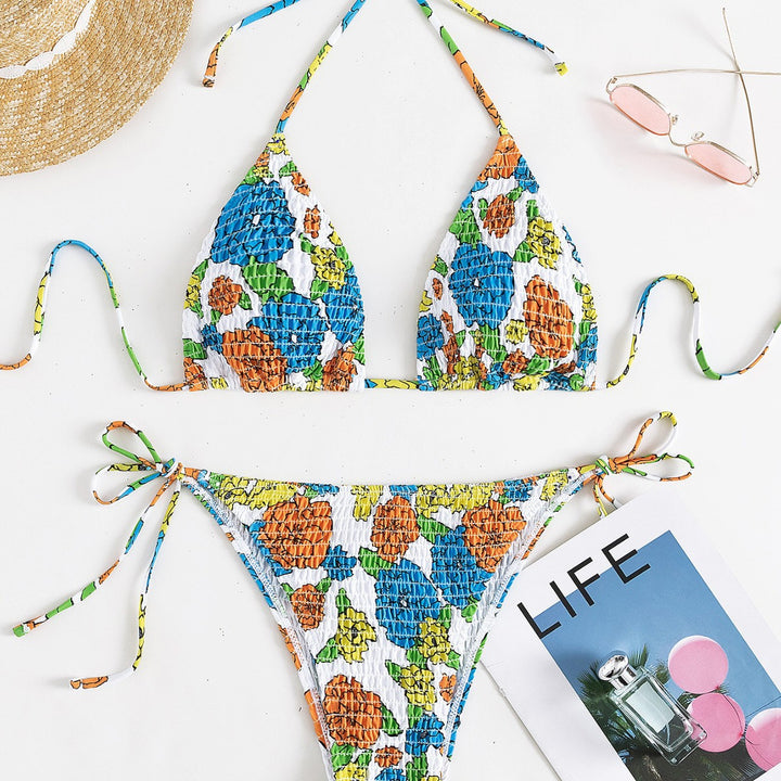 Damen Triangel-Bikini mit buntem Floral-Muster und elastischen Bindebändern Echo Archiv