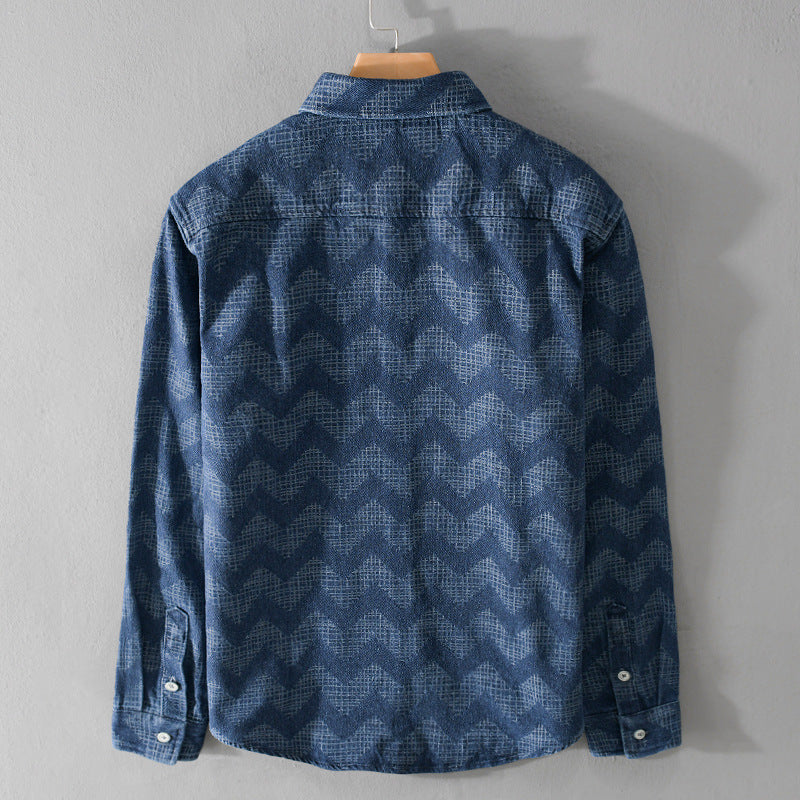 Herren Indigo-Struktur-Overshirt aus gewaschenem Denim mit Zickzack-Jacquard, Kentkragen und Brusttasche Echoarchiv