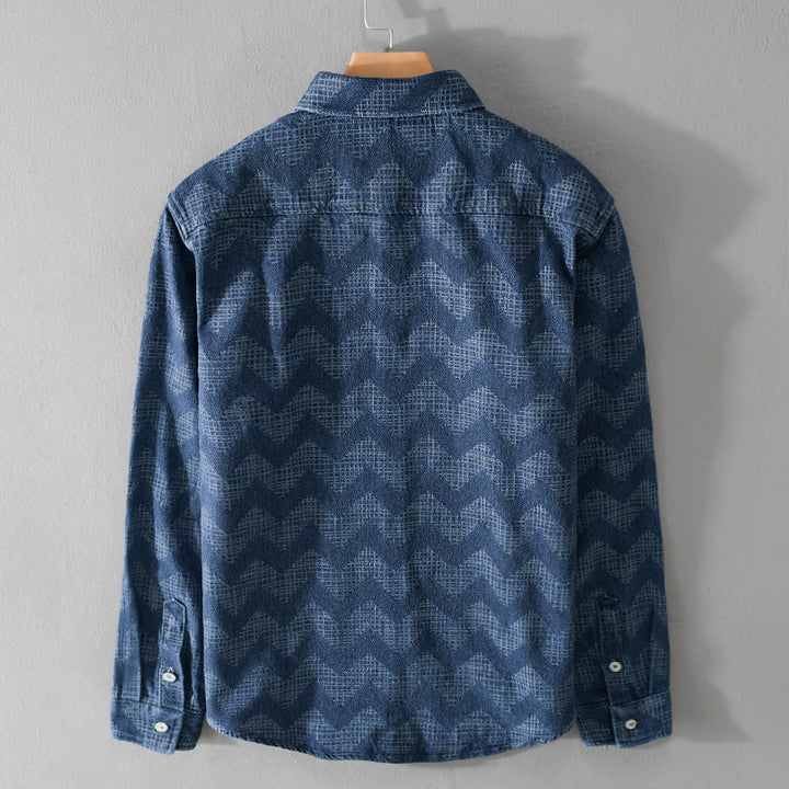 Herren Indigo-Struktur-Overshirt aus gewaschenem Denim mit Zickzack-Jacquard, Kentkragen und Brusttasche Echoarchiv