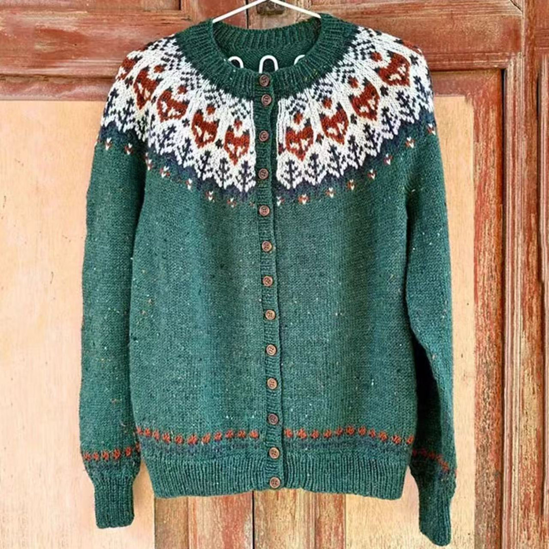 Damen nan gemusterte Strickjacke mit Rundpasse, Holzknöpfen und Eingrifftaschen Echo Archiv