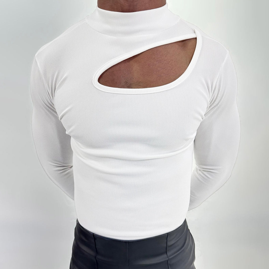 Damen nan eng anliegendes Langarm-Oberteil aus feinem Rippjersey mit asymmetrischem Schulter-Ausschnitt und hohem Kragen Echo Archiv
