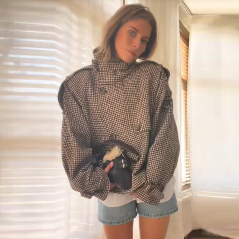 Damen Kurzer Hahnentritt-Wollmix-Mantel mit weitem Reverskragen Echo Archiv
