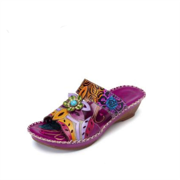Damen Keil‑Pantolette mit Blumendekor und handgefertigten Lederapplikationen Echo Archiv